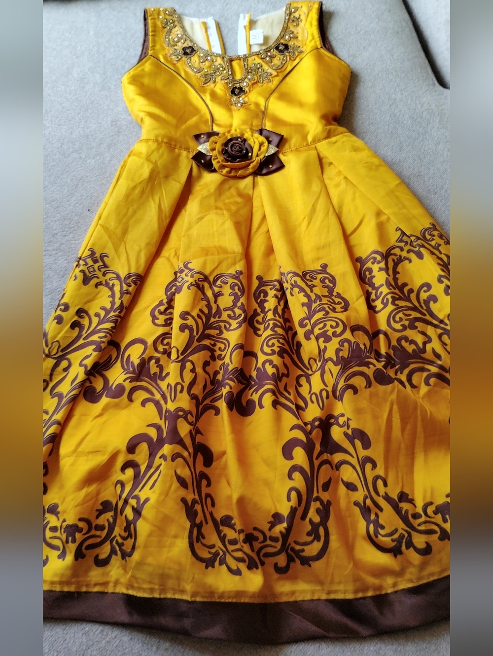 Beautiful Yellow Floral Belted Fit-and-Flare Dress Indian Size 30. U S Size 4-6.